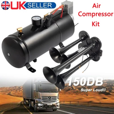 4 Trumpet Truck Train Air Horns Set 150psi w/ Air Compressor 150dB Van Boat UK - Image 1 of 4