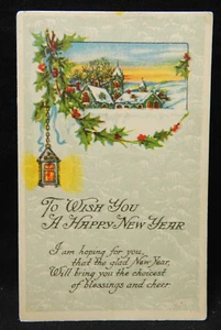 WISH YOU A HAPPY NEW YEAR HOLLY AND CHURCH WINTER SCENE - Picture 1 of 2