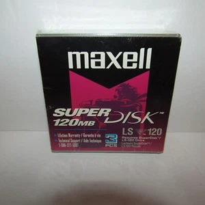 Vintage Maxell SuperDisk 120MB 3 Pack LS-120 Diskettes 3M New Sealed Torn Wrappr - Afbeelding 1 van 8