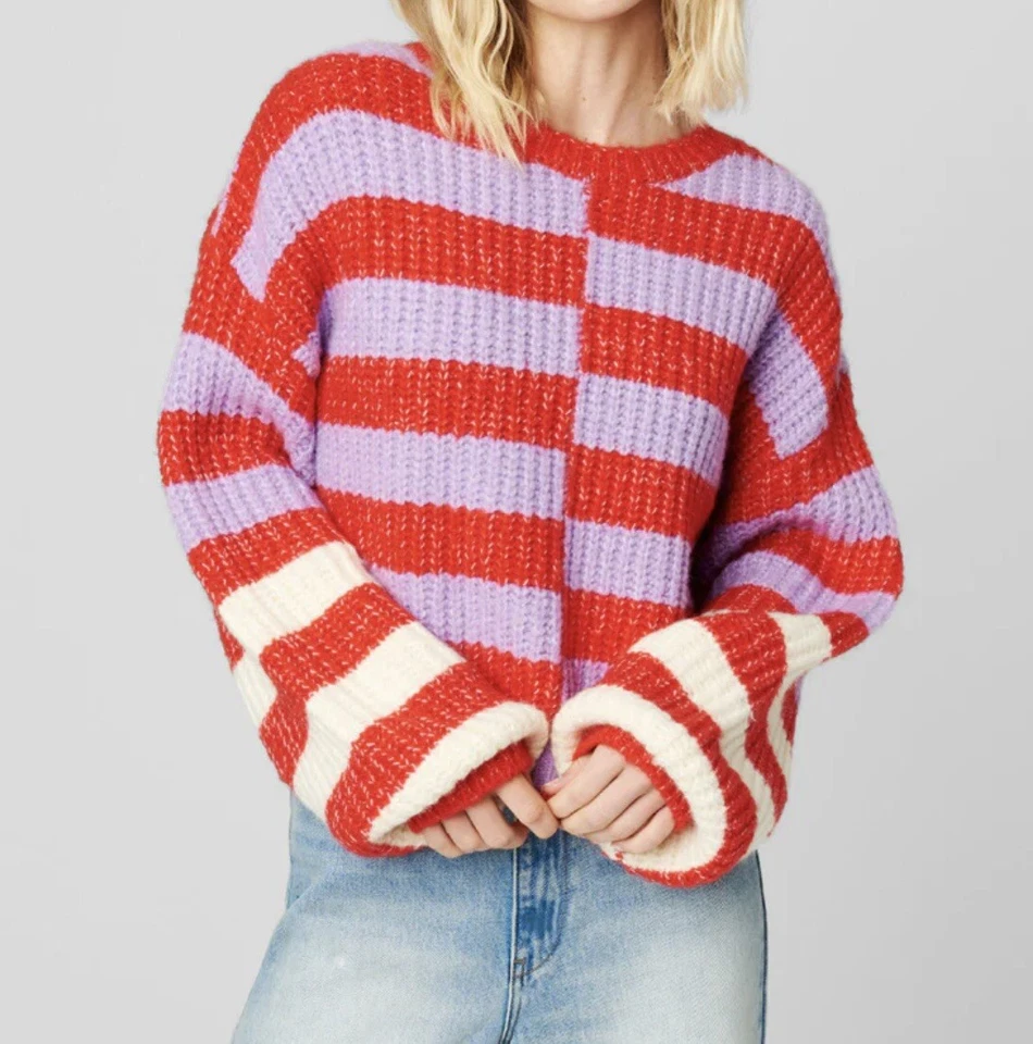 Blank NYC Good Mood Sweater Red Purple White Striped Cropped Oversized Wool NWT - Image 1 of 4
