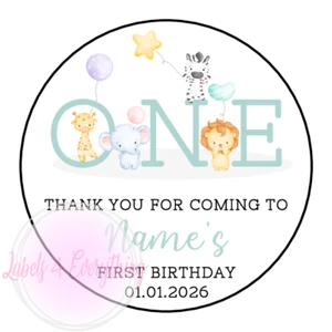 Personalised First 1st Birthday Safari Animals Party Stickers Sweet Cone Baby - Picture 1 of 1