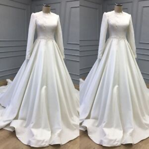Simple Muslim Wedding Dresses High Neck Long Sleeves Satin Appliques Bridal Gown