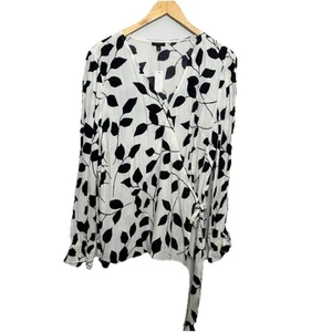 Talbots Womens Ivory Black Leaf Print Wrap Peplum Long Sleeve Blouse Top Size XL - Picture 1 of 9