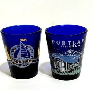 Set of 2 Cobalt Blue Souvenir Shot Glasses Catalina Ca & Portland Or - Picture 1 of 10