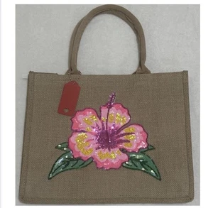 Bolso de Mano Yute Arpillera Natural/Asas de Algodón 12x5.5x15" Fino Flawer-Hibisco - Imagen 1 de 8