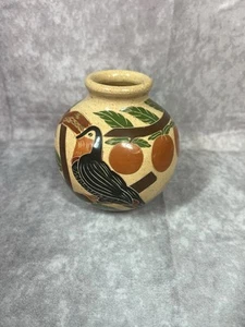 Nicaragua Art Pottery Vase Toucan Fruit Carved Etched San Juan de Oriente 5” - Picture 1 of 5