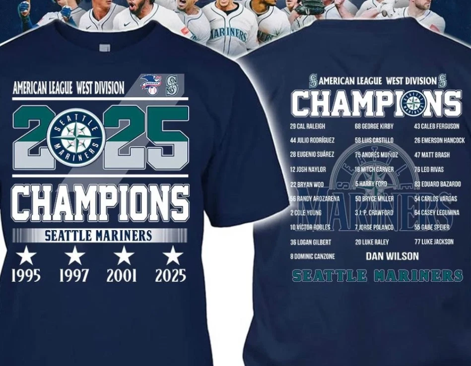 Liga División Oeste 2025 Campeones Seattle Mariners 4 veces 2 camiseta lateral VK01377 Foto 1 de 1