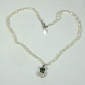 AC Freshwater Pearl Necklace Sterling Silver Pendant 925 Green Rhinestone Choker - Picture 1 of 12