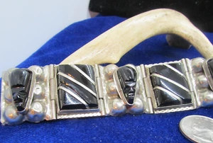 VINTAGE MEXICAN 6 PANEL BRACELET SILVER BLACK ONYX - Picture 1 of 8