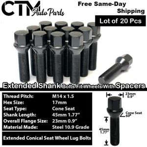 20x Black 14x1.5 Lug Bolts 45mm Shank Volkswagen Aftermarket Rim 15-20mm Spacer - Picture 1 of 5