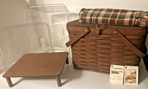 Longaberger Large Picnic Basket Rich Brown Plaid Liner 2 piece Protector Riser Cover