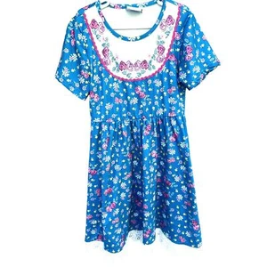 Marie Nicole Girls Dress Floral Print Blue Pink 3XL or 5 Year Crochet Lace Trim - Picture 1 of 7