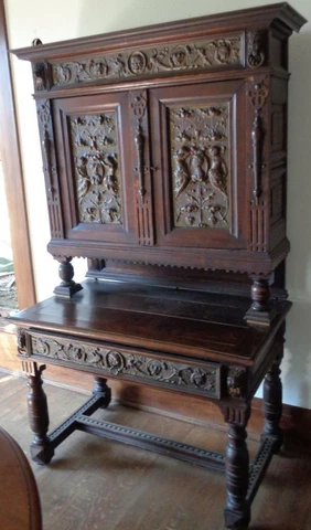 Jacobean Revival Breakfront Cabinet - Hand Crafted Copper Panels - Lion Head Cover