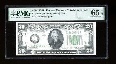 DBR 1934-B $20 FRN Minneapolis Vinson Gem Fr. 2056-I PMG 65 EPQ Ser # I18690691A - Image 1 of 2