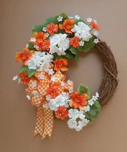 16" White Hydrangea Orange Floral Spring Summer Grapevine Door Wreath - Picture 1 of 4