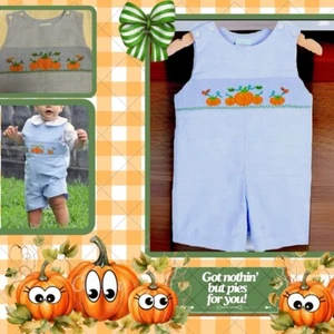 Boys NWT Southern Sunshine Smocked Jon Jon Thanksgiving Pumpkins 3 Months - Picture 1 of 10