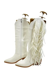 Botas para mujer talla 5 EE. UU. 35 UE blancas flecos occidentales hasta la rodilla tacón bloque cremallera - Imagen 1 de 8