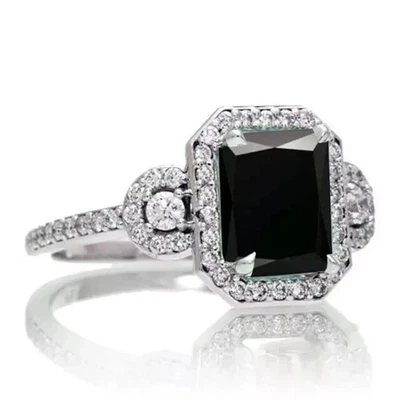 14K White Gold Plated 3Ct Emerald Cut Lab-Created Black Diamond Proposal Ring - Image 1 of 4