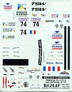 PORCHE 996 GT3 N° 74 LE MANS 2001 LUC ALPHAND ADVENTURE DECALS CARPENA  1/24 - Foto 1 di 1