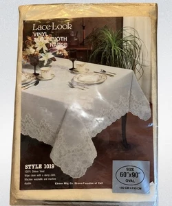 Erlene Lace Look Vinyl Ecru Tablecloth Nappe Style 1019 60”x 90” Ovals NOS - Picture 1 of 9