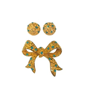 Vintage Coro Clip Earrings & Brooch Set Blue Polk A Dot Gold Tone - Picture 1 of 7