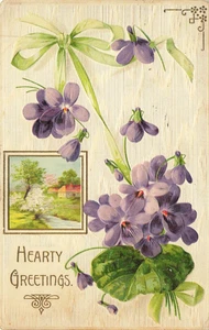 Postcard Embossed Purple Flowers House Posted - Picture 1 of 2