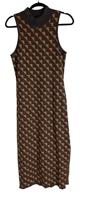 Maxi Vestido Para Mujer Heartloom Marrón Geométrico Sin Mangas Tejido Cuello Simulado Talla L Foto 1 de 4