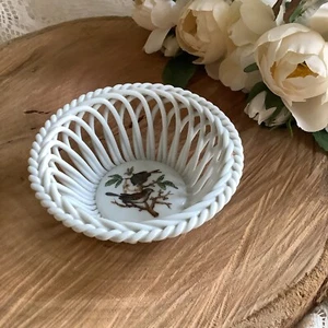 Herand HVNGRAY hand painted petite birds porcelain basket weave dish 3 5/8" - Picture 1 of 6