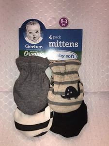 New Gerber 4 Pack Baby Boy Scratch Mittens Gloves 0-3 Months Dino Dinosaurs Gray - Picture 1 of 8