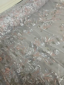 1 mtr white embroided pearl scalloped bridal tulle net fabric..52”wide - Picture 1 of 9