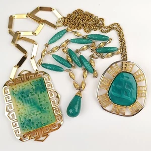 3 Vintage Faux Jade oder Peking Glas Halskette & Brosche Lot - Bild 1 von 11