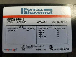 MERSEN Ferraz MPDB67563 Pwr Dist Block,460A CU ,3P 4/0-6,6P 2-14 Secondry,1000V - Picture 1 of 3