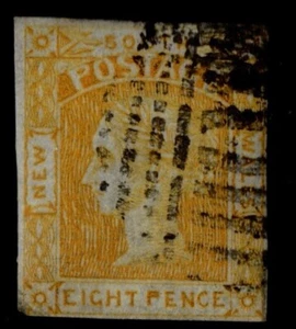 New South Wales 1853 8d Orange-yellow SG80, laureate, Imperf, 4 margins, Used - Picture 1 of 2