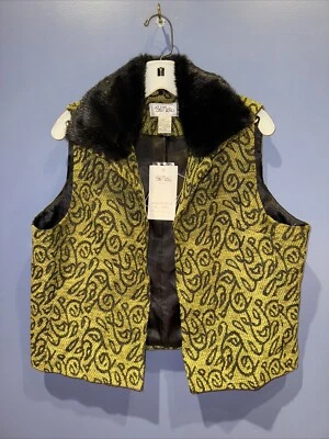 14 Chaleco Mujer, Cuello Piel Verde Negro, Vintage Bob Mackie Nuevo Con Etiquetas Foto 1 de 4