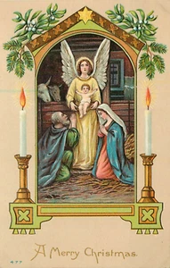 AK Weihnachtskrippe Kerzen Davidstern unbespielt geteilt Prägung - Bild 1 von 2