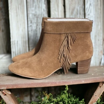 🌻NEW w/box Lucky Brand Zakina Oiled Suede Tan Fringe Detailed Booties Size 9.5. - Image 1 of 4