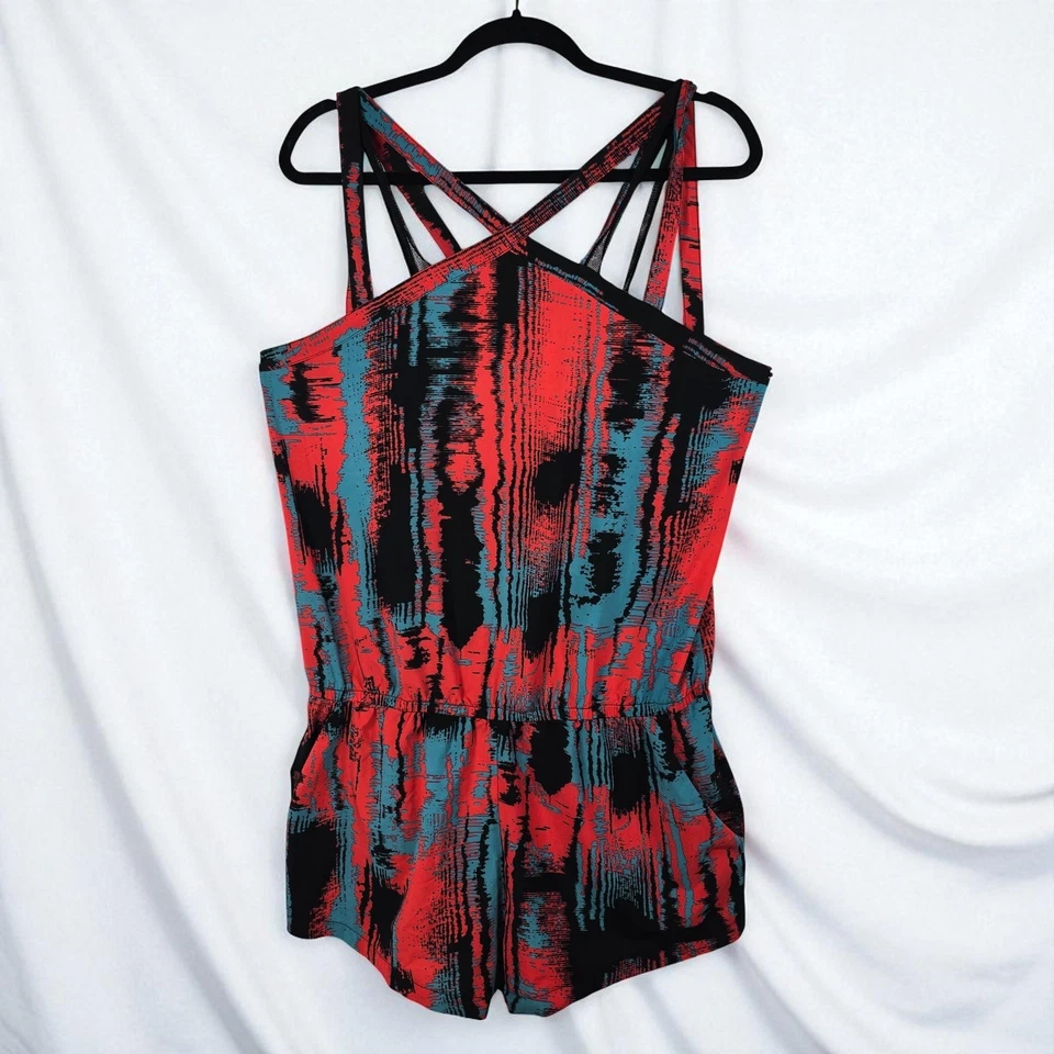 Fabletics Romper Woman Large Red Blue Black Abstract Print Sleeveless Pockets - Image 1 of 4
