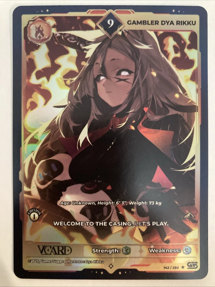 VCARD Awakened Worlds 1st Edition Gambler Dya Rikku Power 9 Holo Foil 142/250 - Image 1 of 1