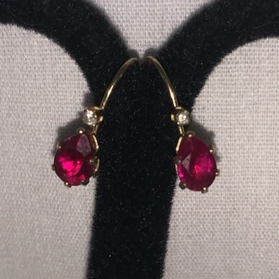 Vintage 14KT Teardrop Ruby & Diamond Leverback Earrings - Image 1 of 4