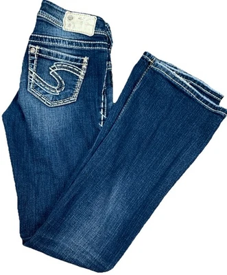 Pantalones de mezclilla plateados Suki Bootcut para mujer ETIQUETA 26x32 azules elásticos brillantes Y2K Foto 1 de 4