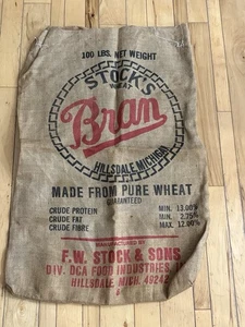 Vintage Stock Kleiesack 100 Lbs. F.W. Stock & Sons Burlap Hillsdale Michigan - Bild 1 von 3