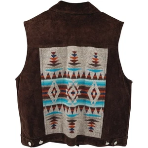 Pendleton Vest Oxford Mix Southwestern Aztec Leather Virgin Wool Brown L - Picture 1 of 5