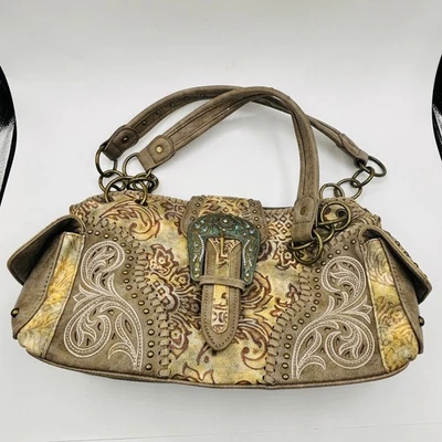 Montana West Western наплечная сумка желтовато-коричневый коричневый цветочный инструмент пряжка с заклепками вышивка - Изображение 1 из 4