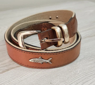 Leather Man Belt 42" Tan Cotton Web w/Brown Top Grain Leather Handmade Essex CT - Image 1 of 4