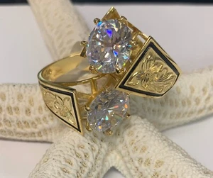 Gold Plated Solitaire Plumeria Black Enamel Scroll Jumbo French Cz Hawaii Ring - Picture 1 of 4
