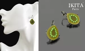 Brisur Ohrringe Ohrstecker Ikita Paris Ohrschmuck Metall Emaille Strass Kaki Grü - Bild 1 von 1