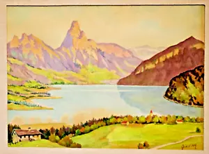 Acuarela original vintage Lago Lauerz enmarcada firmada Suiza c1950s - Imagen 1 de 12