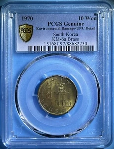 Korea Republic of South 1970 Brass 10 Won Nice BU Coin PCGS 97 Unc Pagoda Temple - Picture 1 of 2