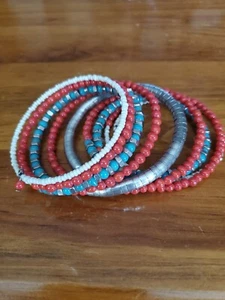 Retro BoHo Beaded Wrap Bracelet Blue Red Silver Memory Wire   - Picture 1 of 5