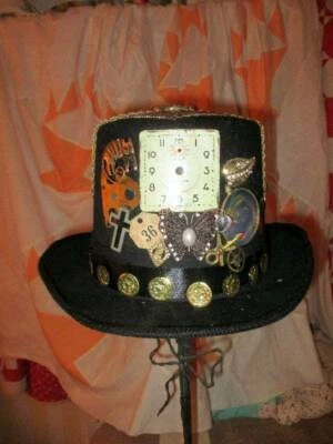 HAND MADE BLACK FELT TOP HAT HALLOWEEN COSTUME STEAMPUNK VINTAGE DECOR - Image 1 of 4